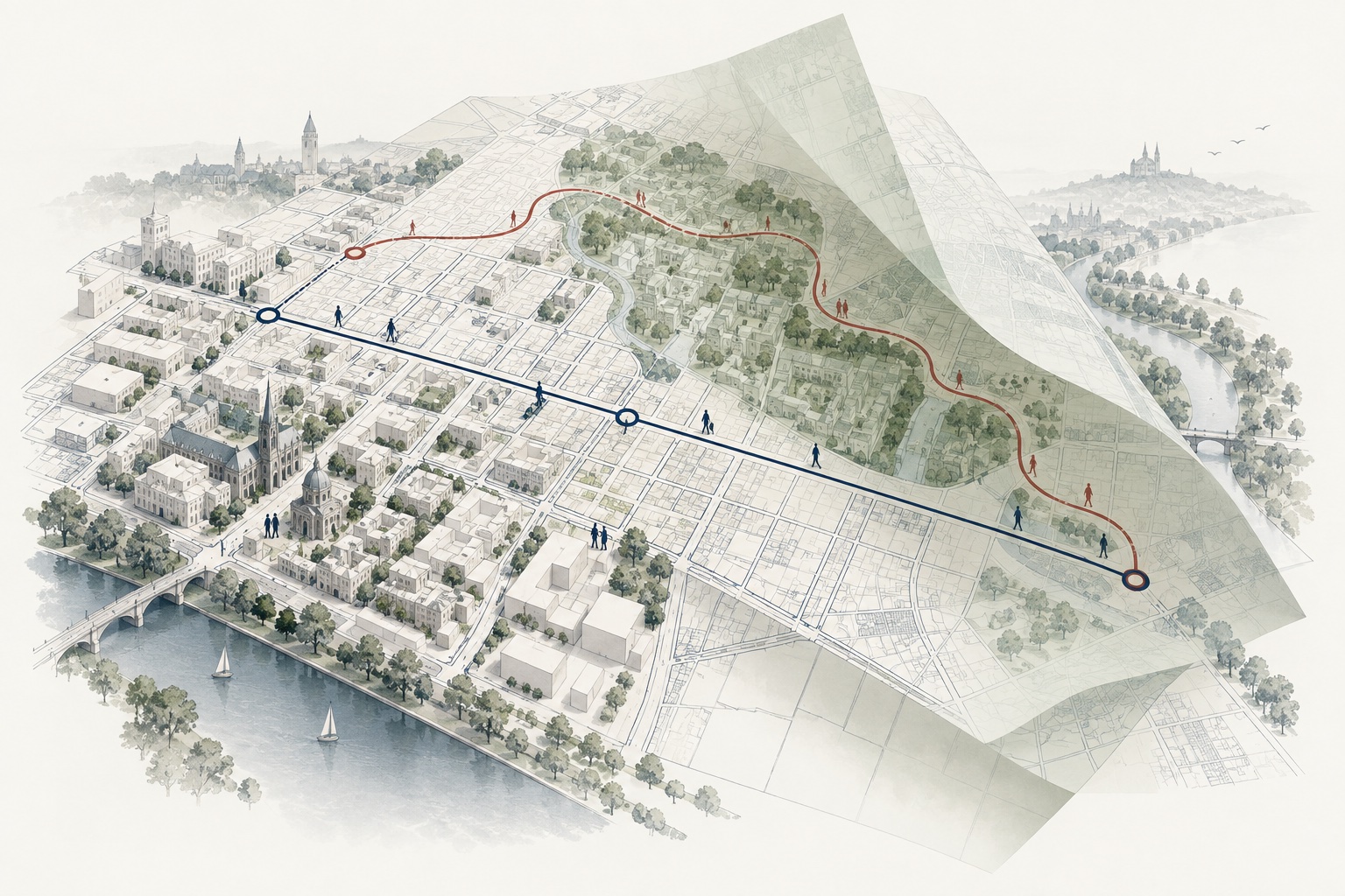 Layered city map contrasting a direct route with a route shaped by perception.