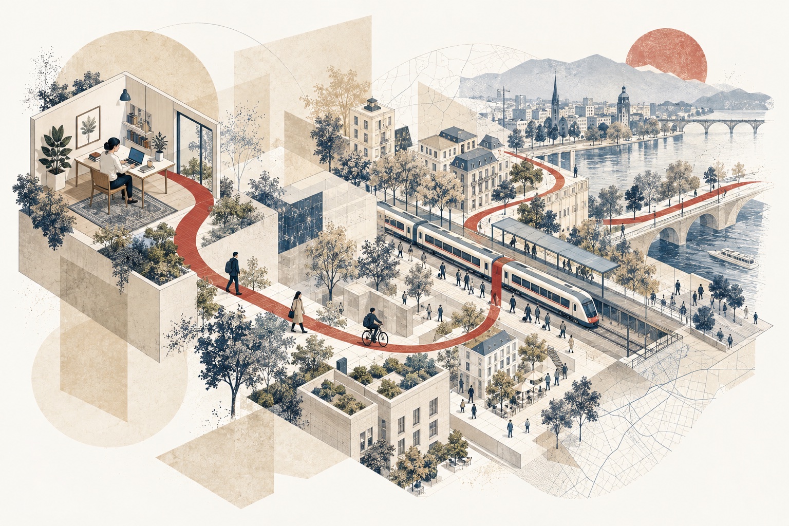 Architectural collage connecting a home workspace, transit, and daily urban journeys.